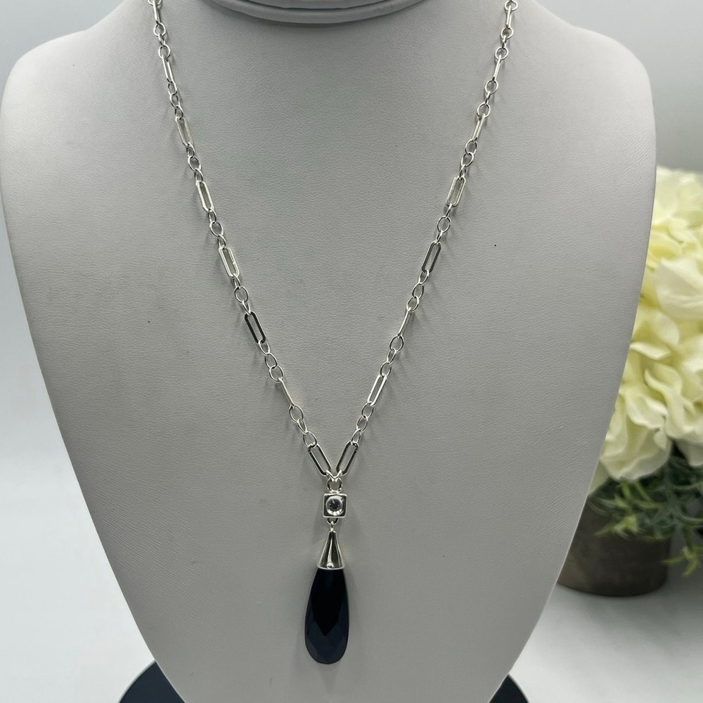 ELLE 925 Sterling Silver Black Onyx Teardrop White Topaz & Ruby Gem
Necklace 18"